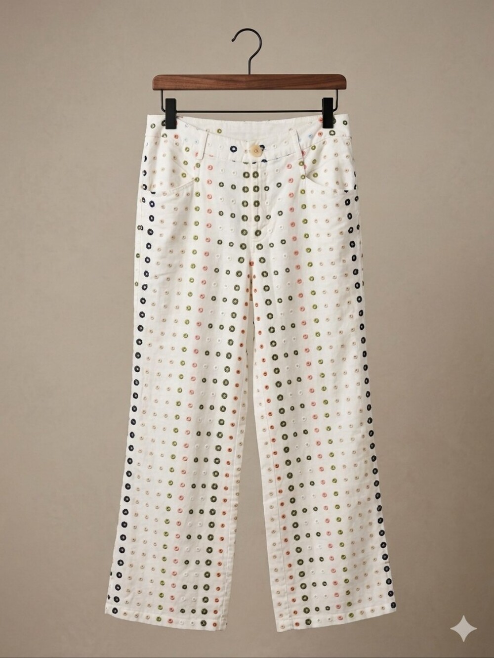 Ett Twa By Anthropologie White Multicolor Eyelet Wide Leg Linen Pants Size 10